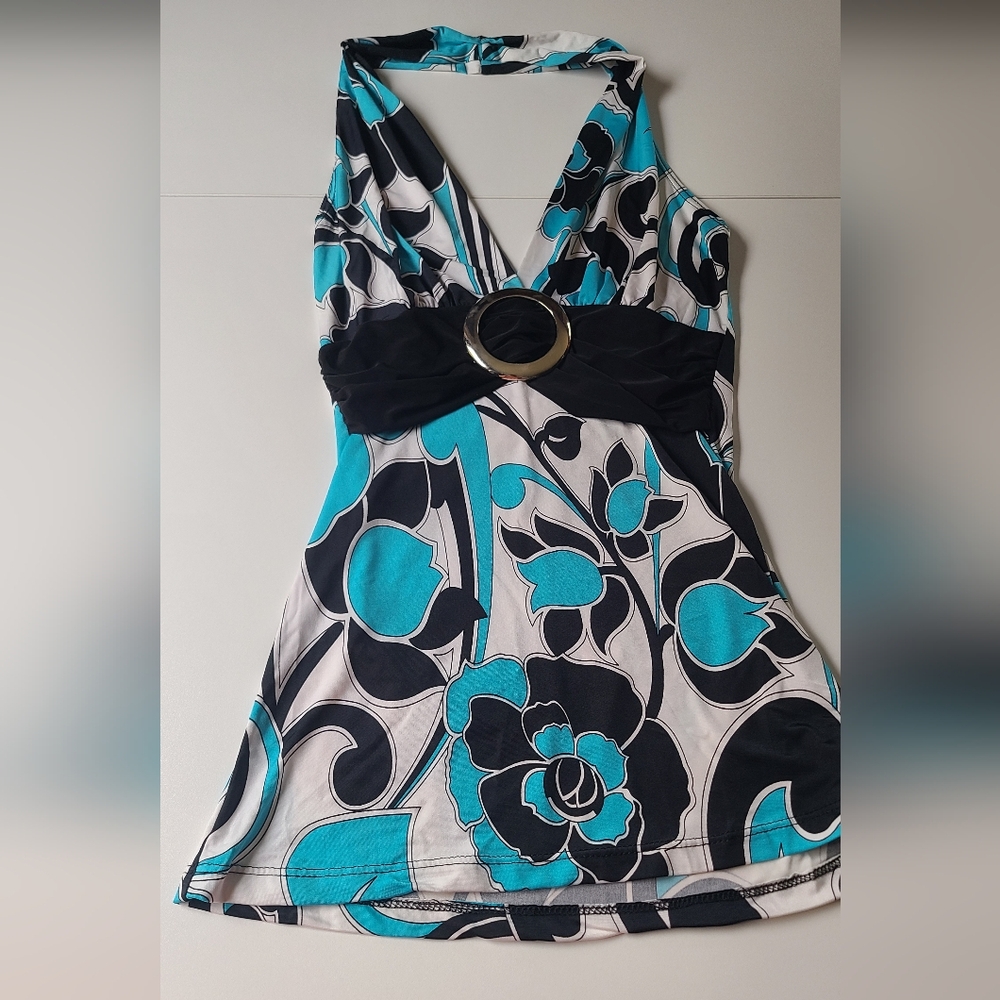 Floral Halter Top with Black and Blue Pattern